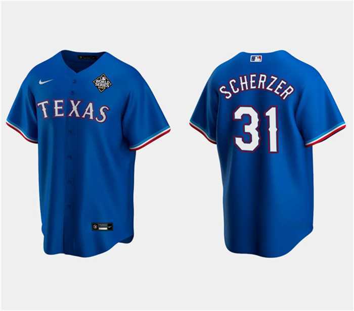 Men%27s Texas Rangers #31 Max Scherzer Royal 2023 World Series Stitched Baseball Jersey Dzhi->texas rangers->MLB Jersey